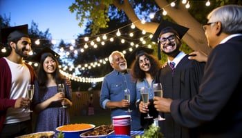 A graduate in his cap and gown celebrating with his party guests