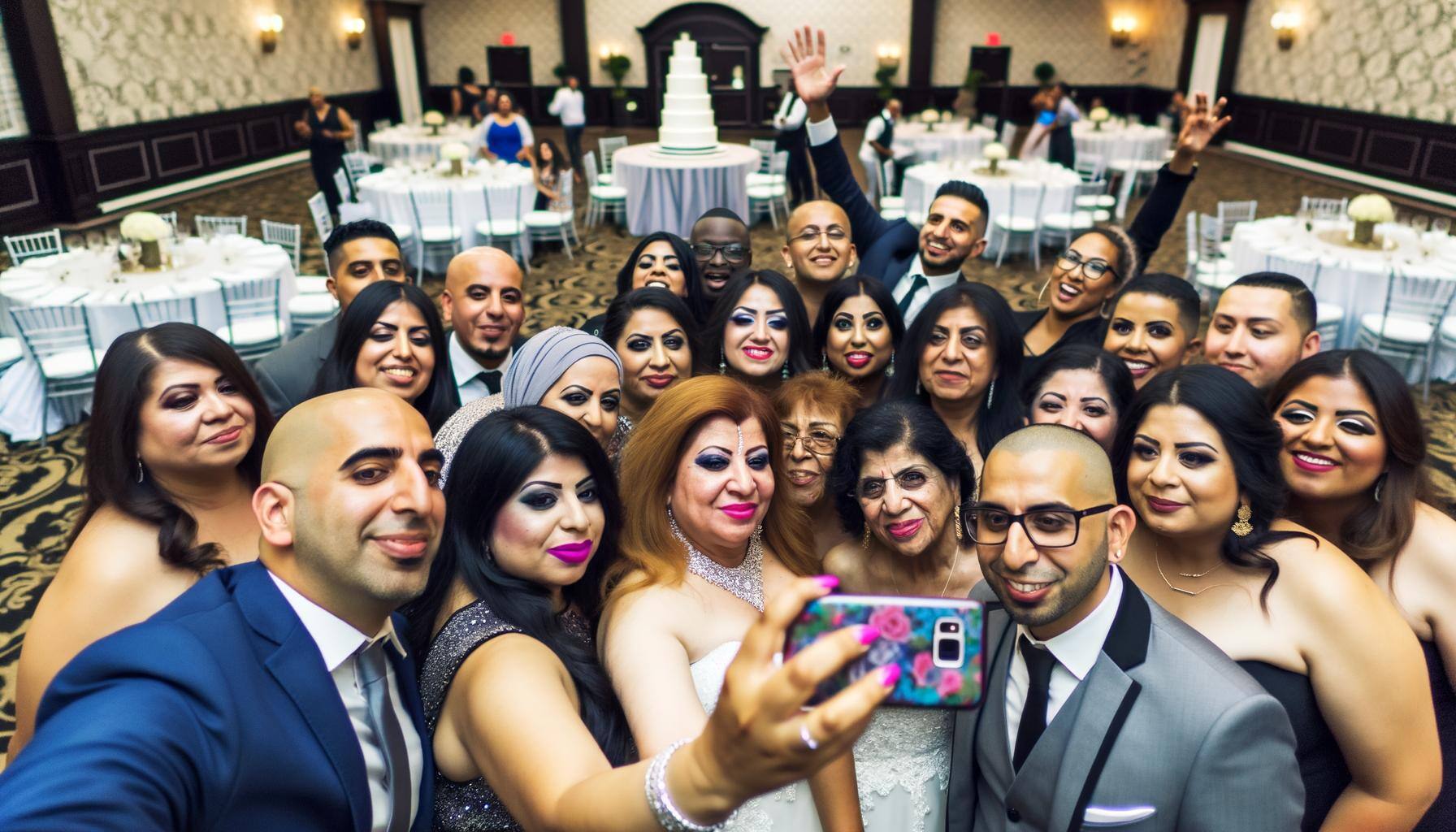 group taking a selfie at a wedding reception