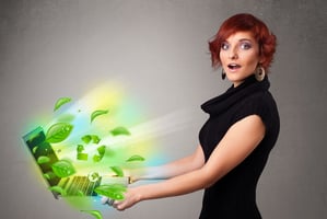 Casual young woman holding notebook with recycle and environmental symbols