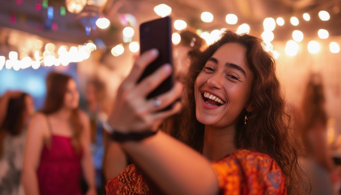 a person smiling as they take a selfie with their phone at a party