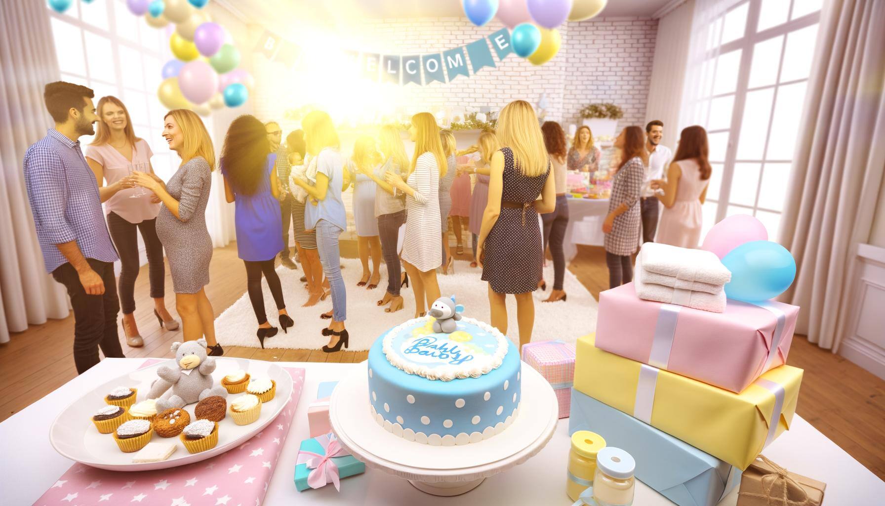 guests in the background at a baby shower with a cake front and center