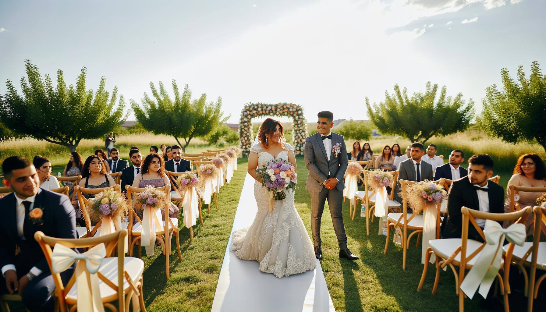 a bride and groom walking down the aisle at an outdoor wedding