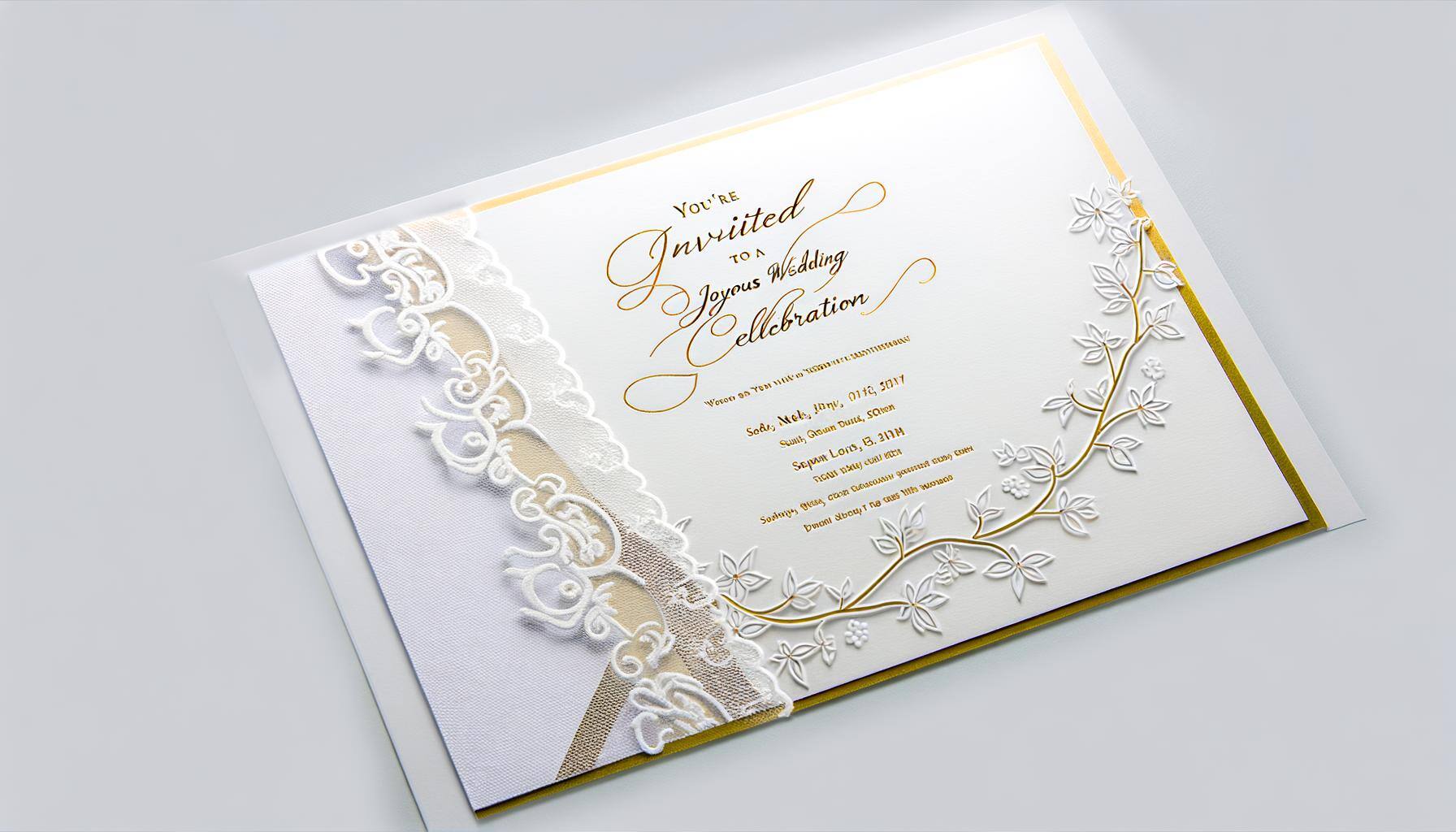 wedding invitation on an envelope with flowers and lace